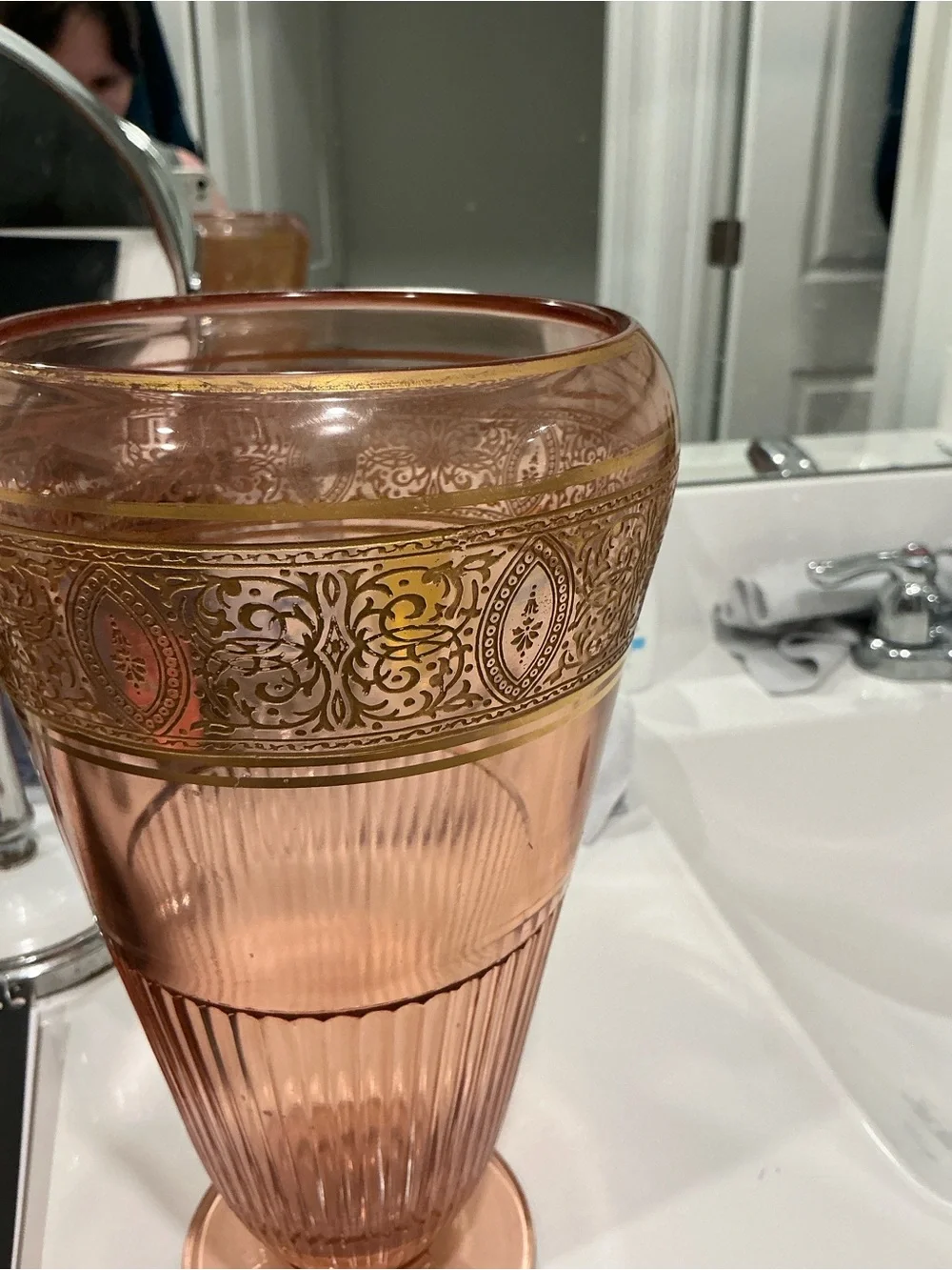 Tiffin Pink Depression Glass Footed Vase, Gold-Encrusted Etch, 9